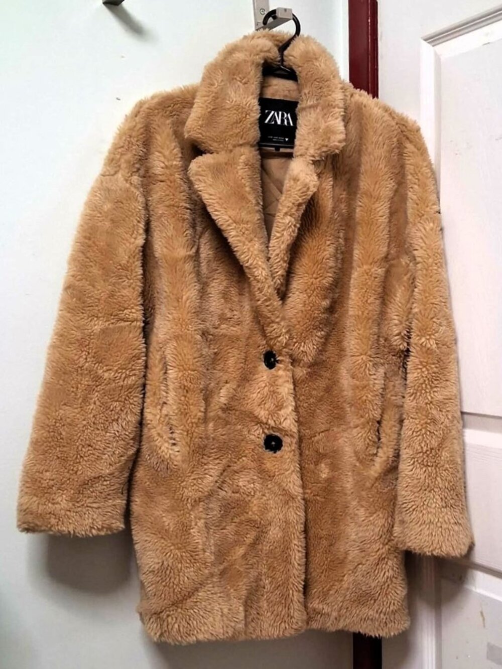 ZARA Plush Teddy Bear Fur Coat Camel Beige Rust Small Oversized Knee Length